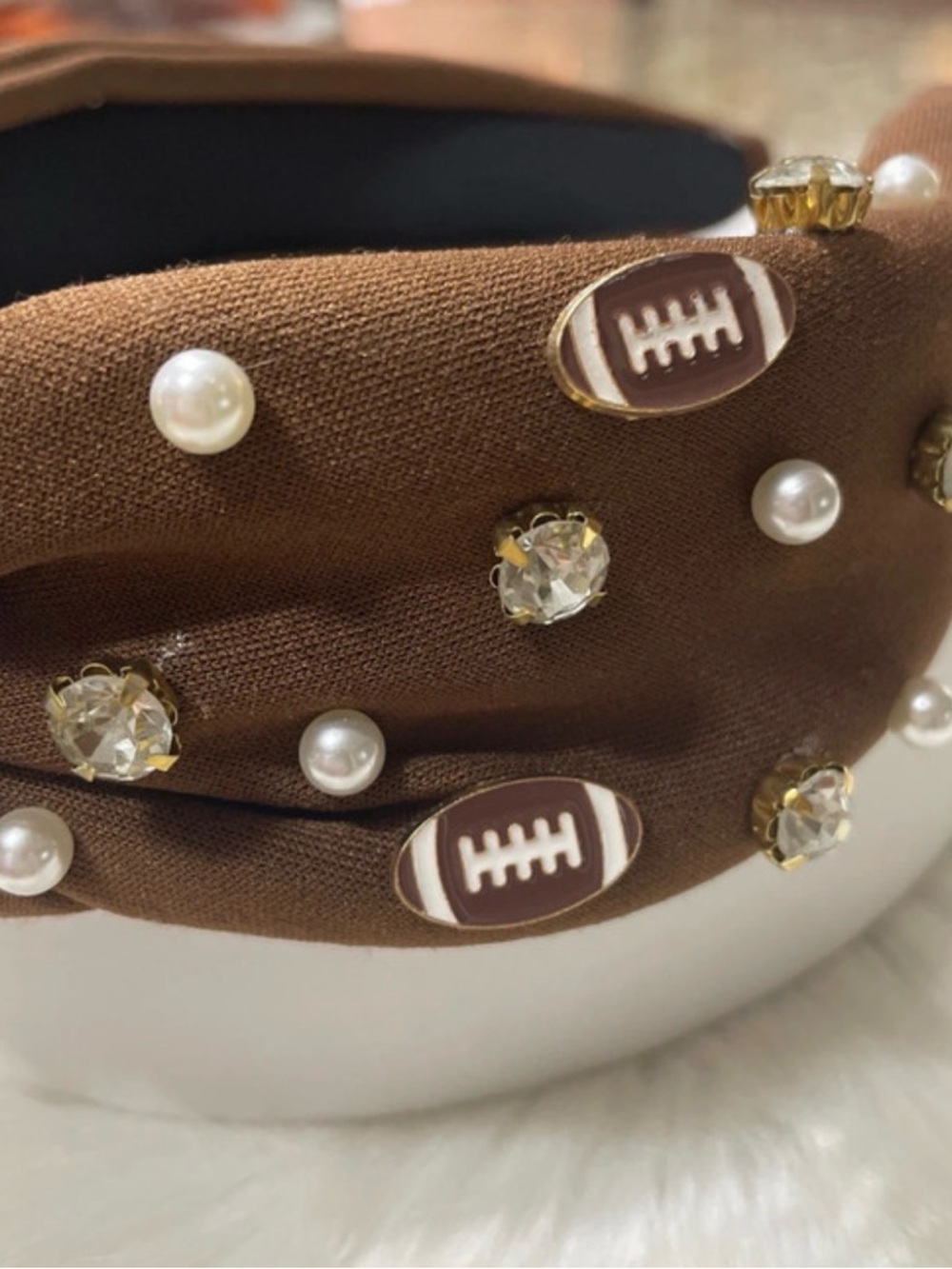 Embellished Knotted Headband in Brown with Pearls and Crystals - Picture 4 of 5